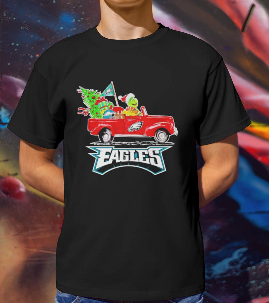 Grinch Dog Driving Red Truck Philadelphia Eagles Christmas Tree T-Shirt