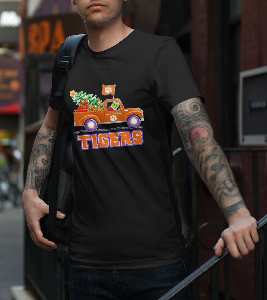 Grinch Driving Orange Christmas Truck With Clemson Tigers Flag And Tree T-Shirt