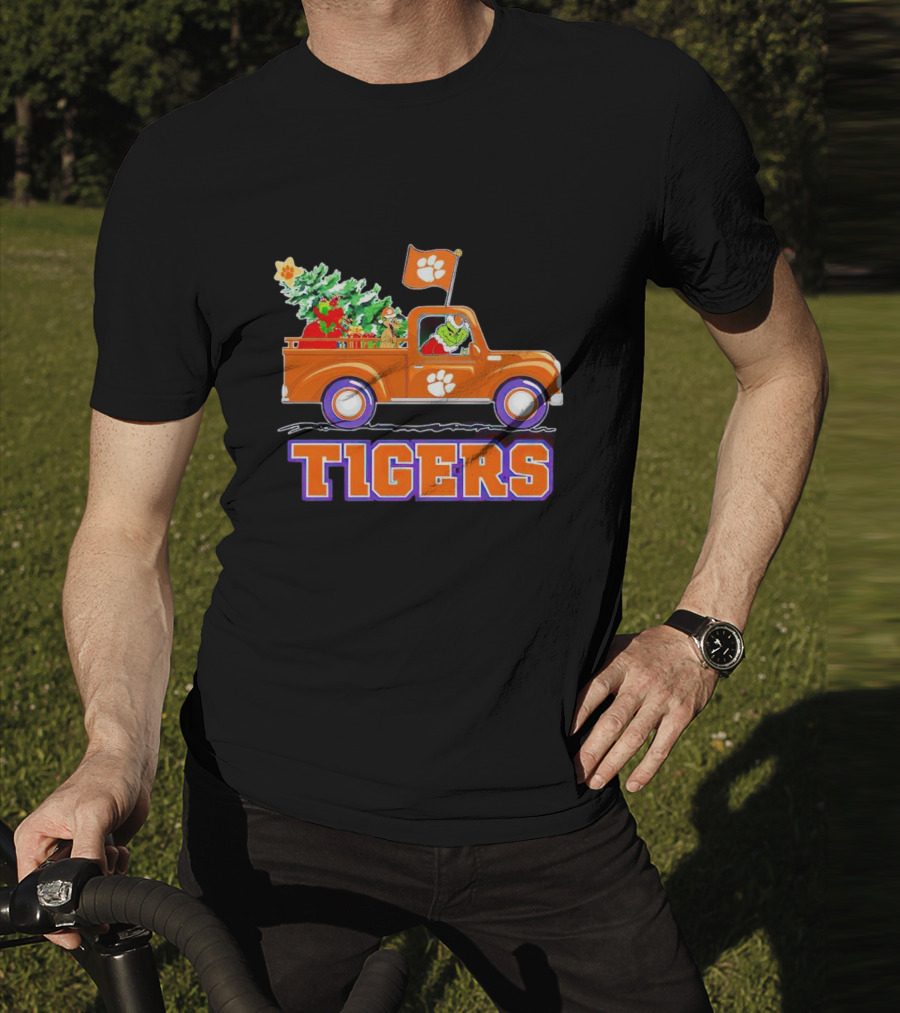 Grinch Driving Orange Christmas Truck With Clemson Tigers Flag And Tree T-Shirt