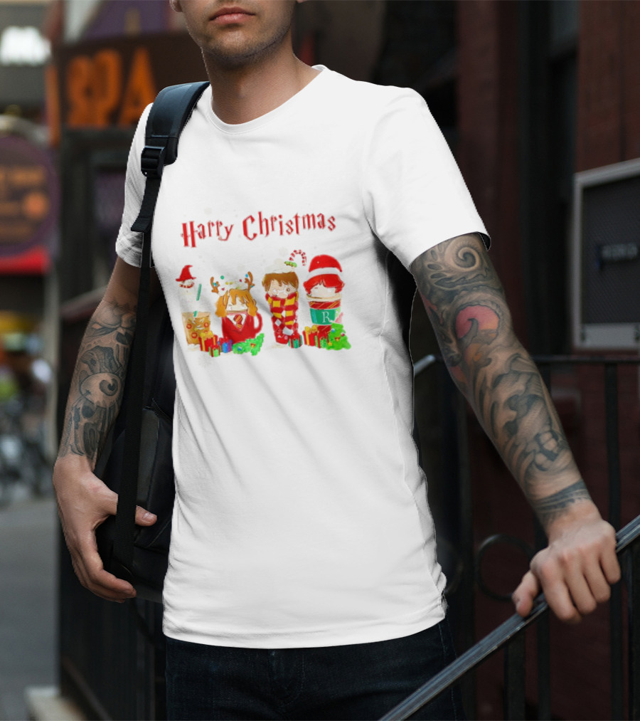Harry Christmas Chibi Coffee Characters Festive Winter Scene T-Shirt