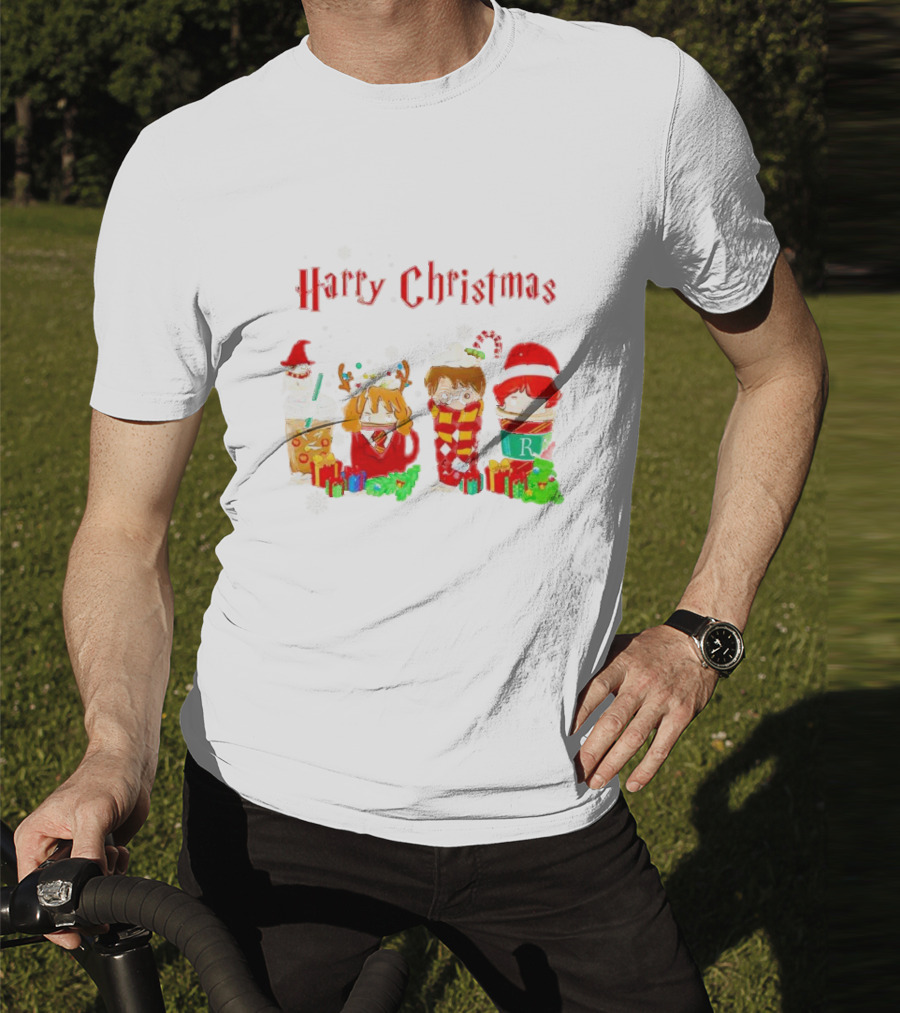 Harry Christmas Chibi Coffee Characters Festive Winter Scene T-Shirt