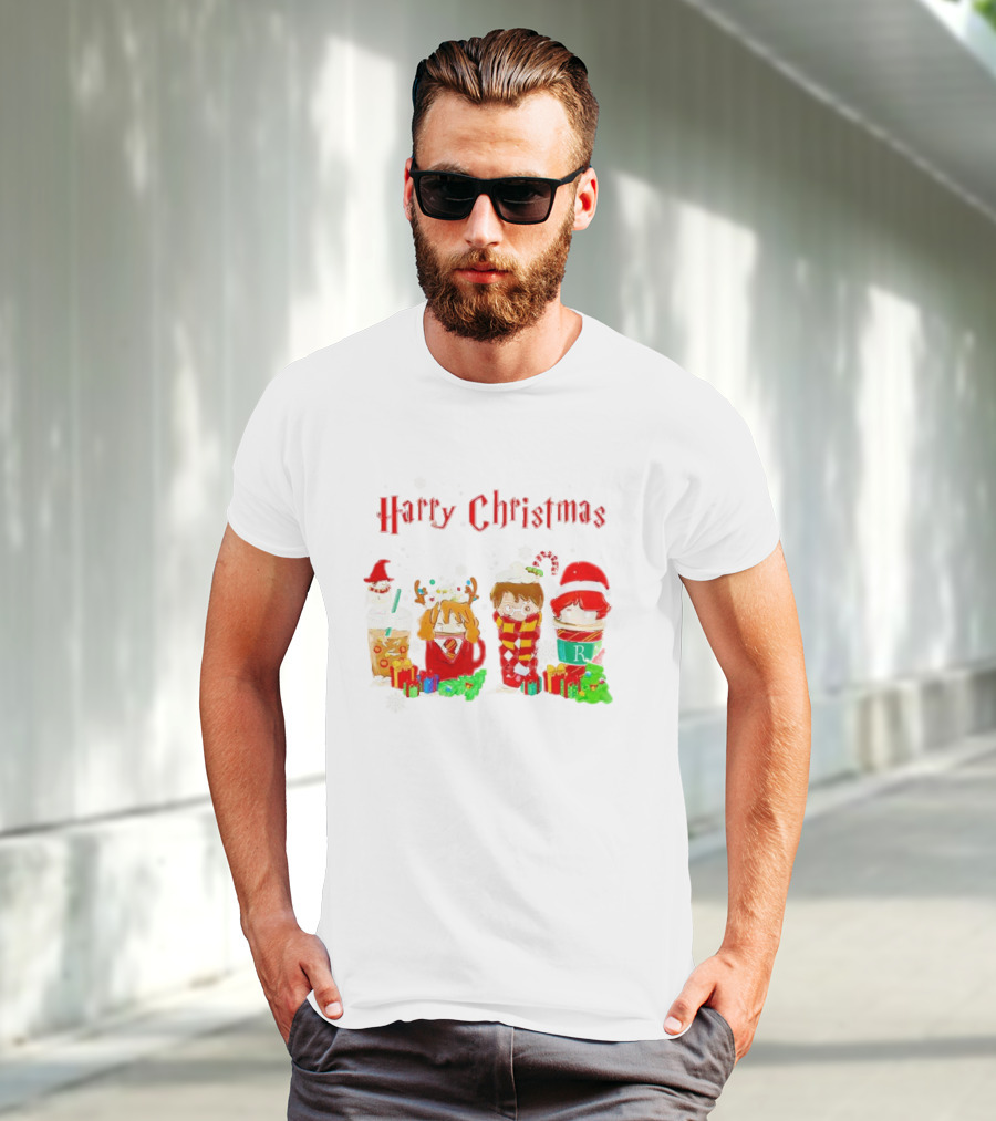 Harry Christmas Chibi Coffee Characters Festive Winter Scene T-Shirt