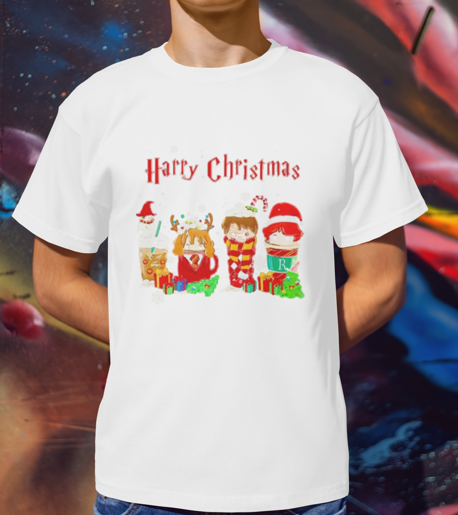Harry Christmas Chibi Coffee Characters Festive Winter Scene T-Shirt