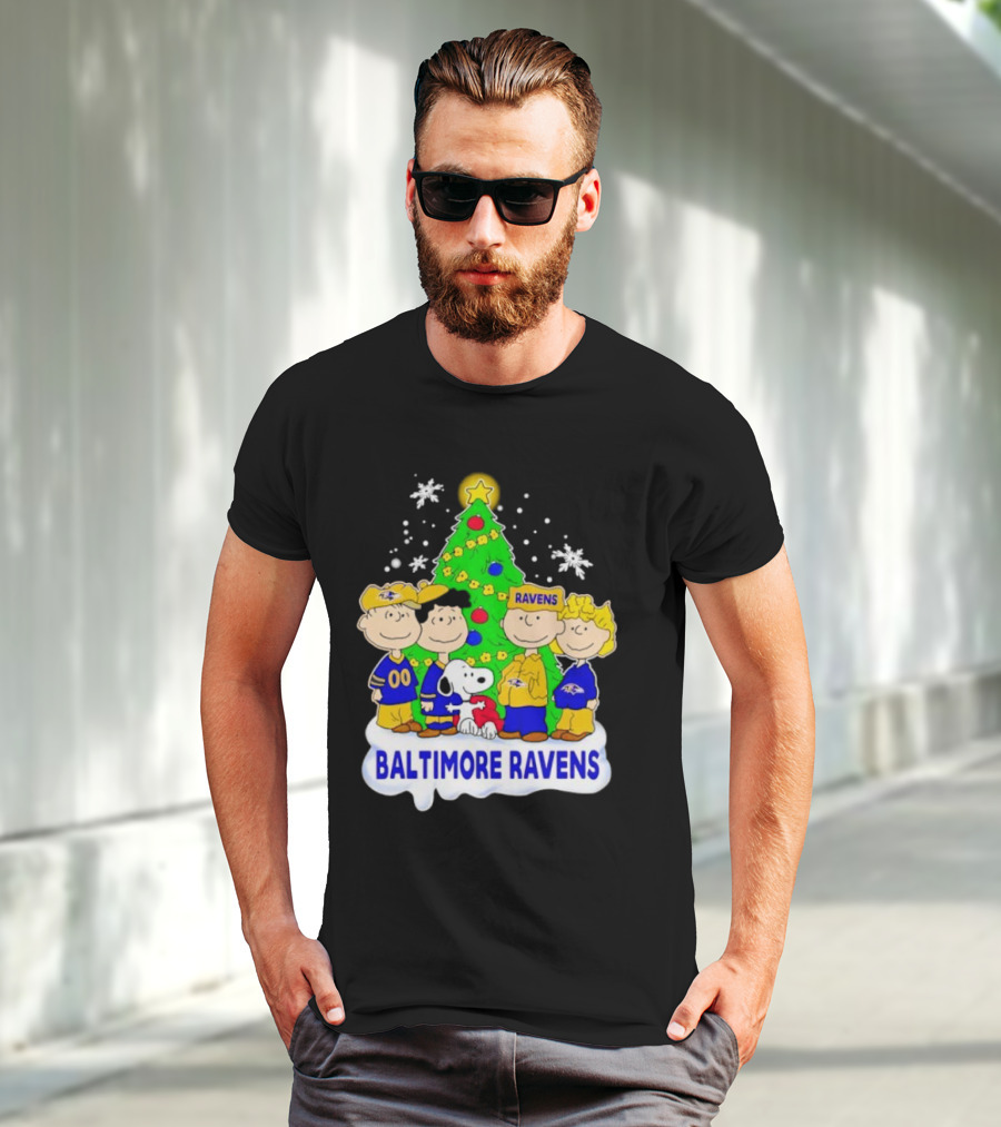Baltimore Ravens Christmas Tree With Peanuts Characters T-Shirt