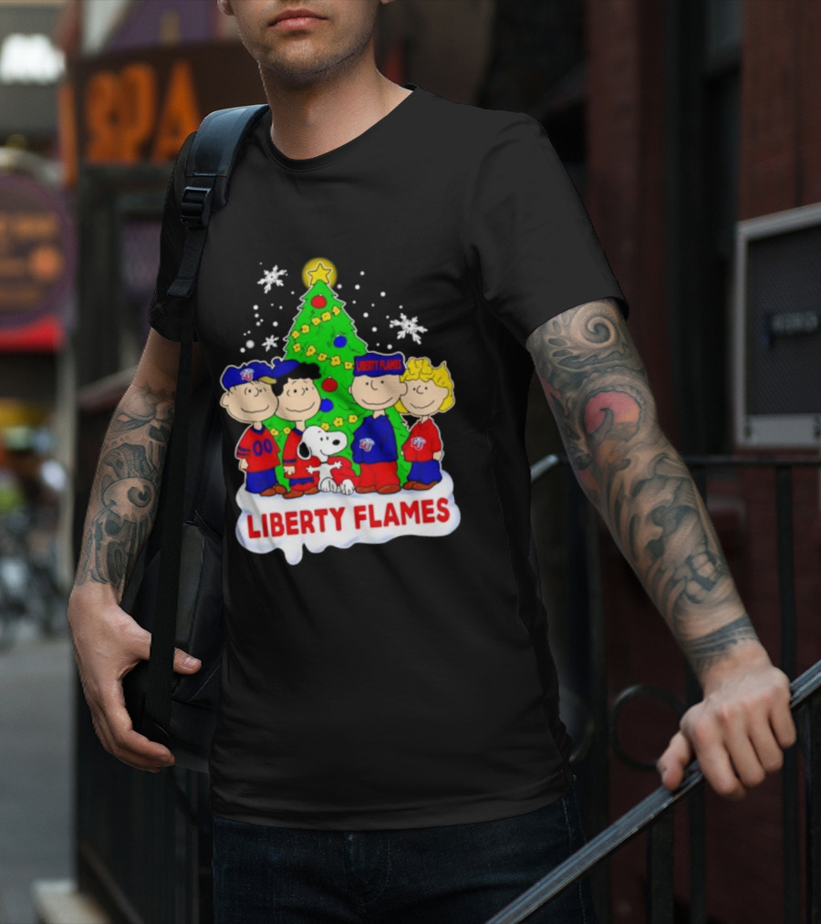 Liberty Flames Peanuts Characters Christmas Tree Snoopy Charlie Brown T-Shirt