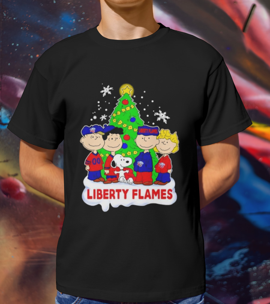 Liberty Flames Peanuts Characters Christmas Tree Snoopy Charlie Brown T-Shirt