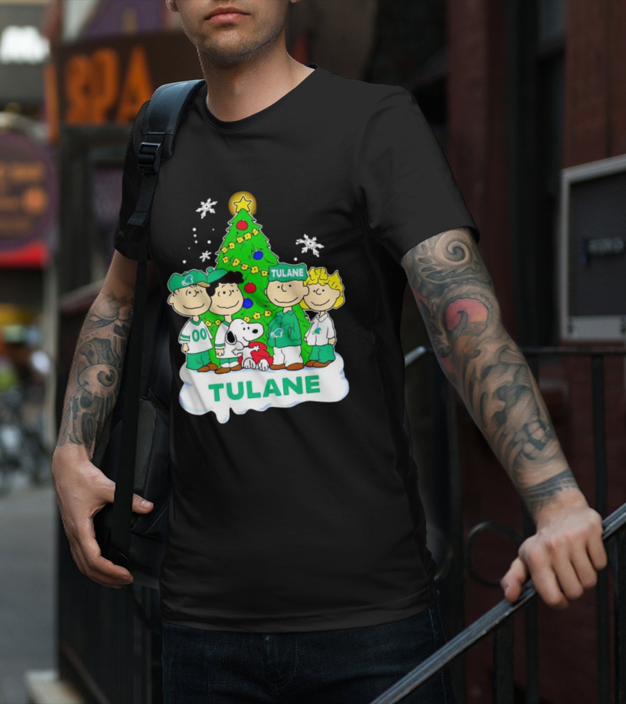 Peanuts Characters Tulane Green Wave Christmas Tree Snoopy Snowflakes T-Shirt