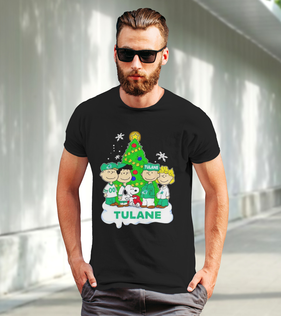 Peanuts Characters Tulane Green Wave Christmas Tree Snoopy Snowflakes T-Shirt