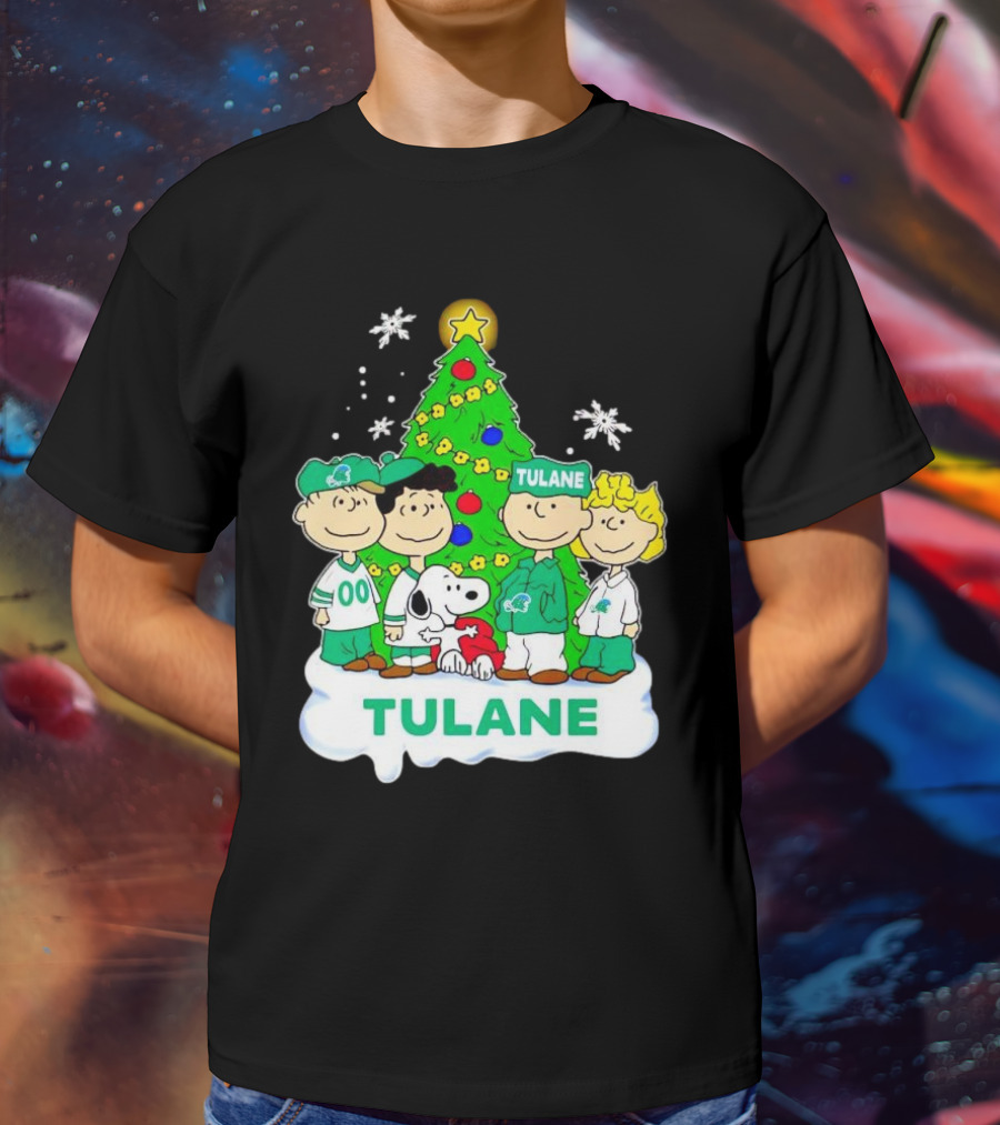 Peanuts Characters Tulane Green Wave Christmas Tree Snoopy Snowflakes T-Shirt