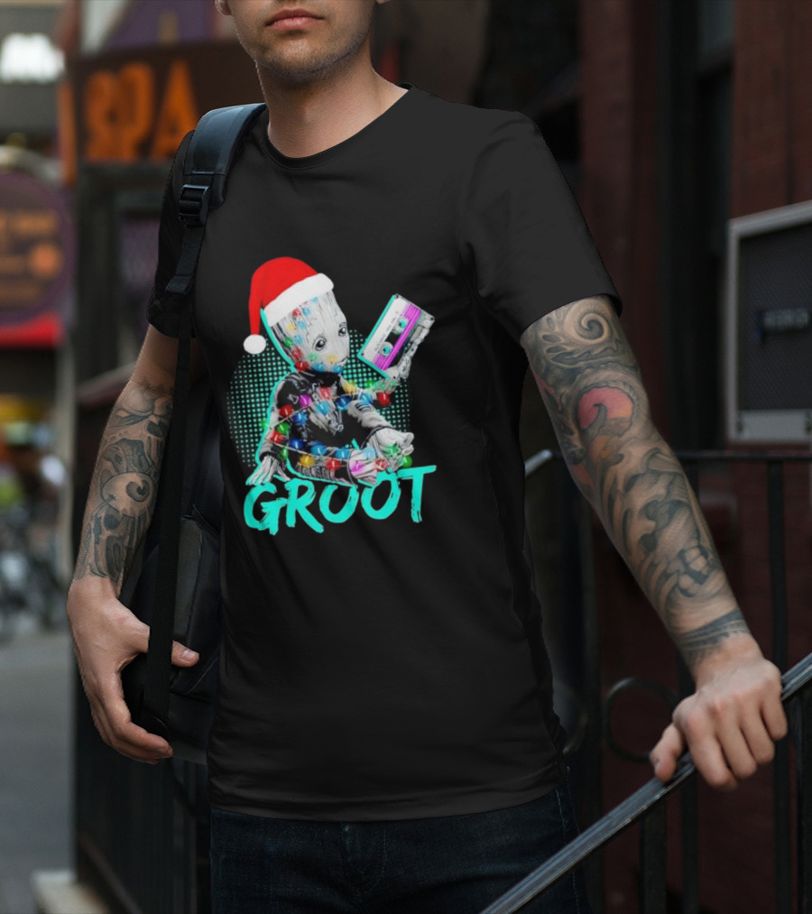 Santa Baby Groot With Cassette Tape And Holiday Lights T-Shirt