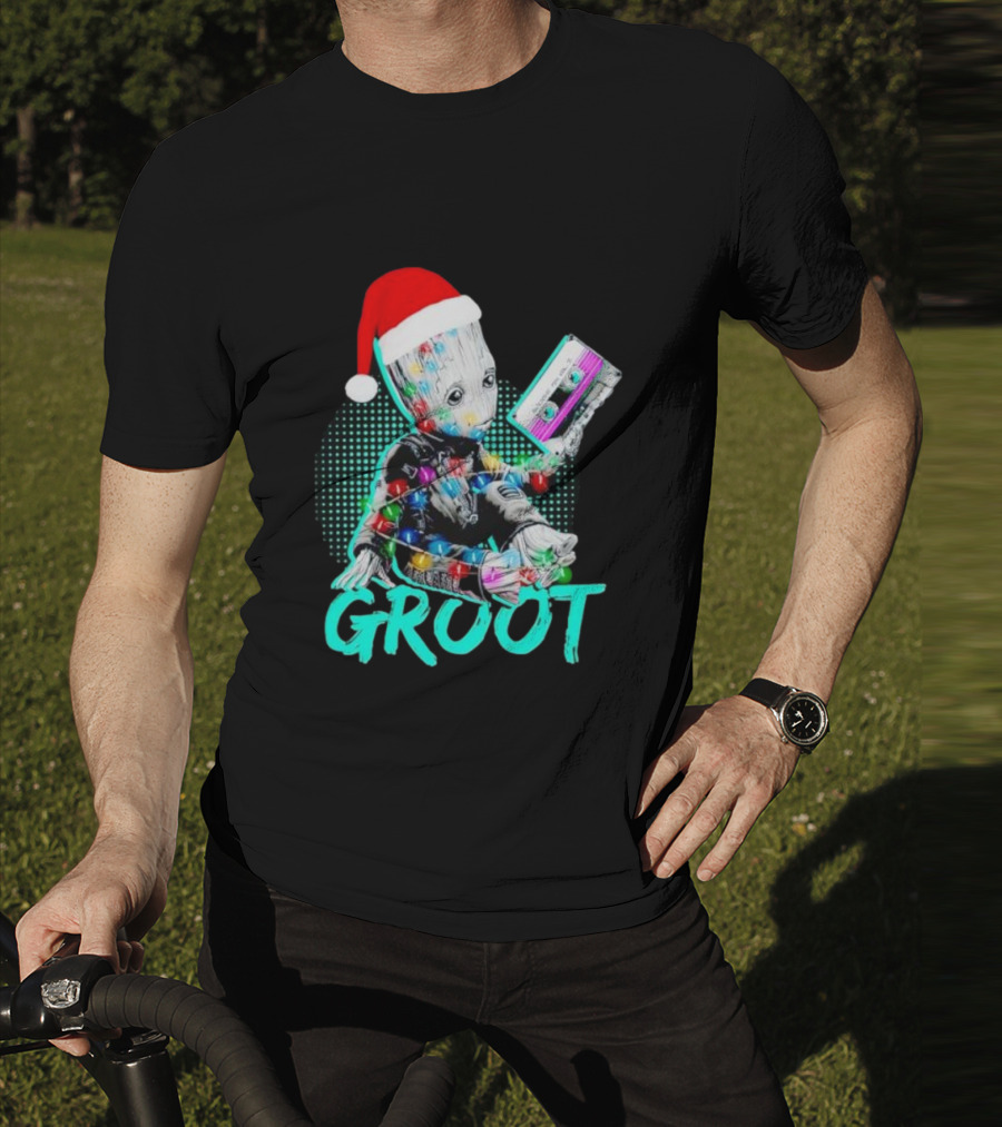 Santa Baby Groot With Cassette Tape And Holiday Lights T-Shirt