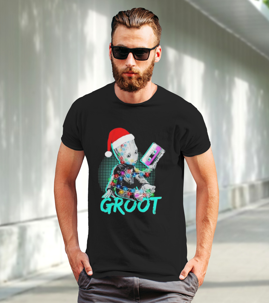 Santa Baby Groot With Cassette Tape And Holiday Lights T-Shirt