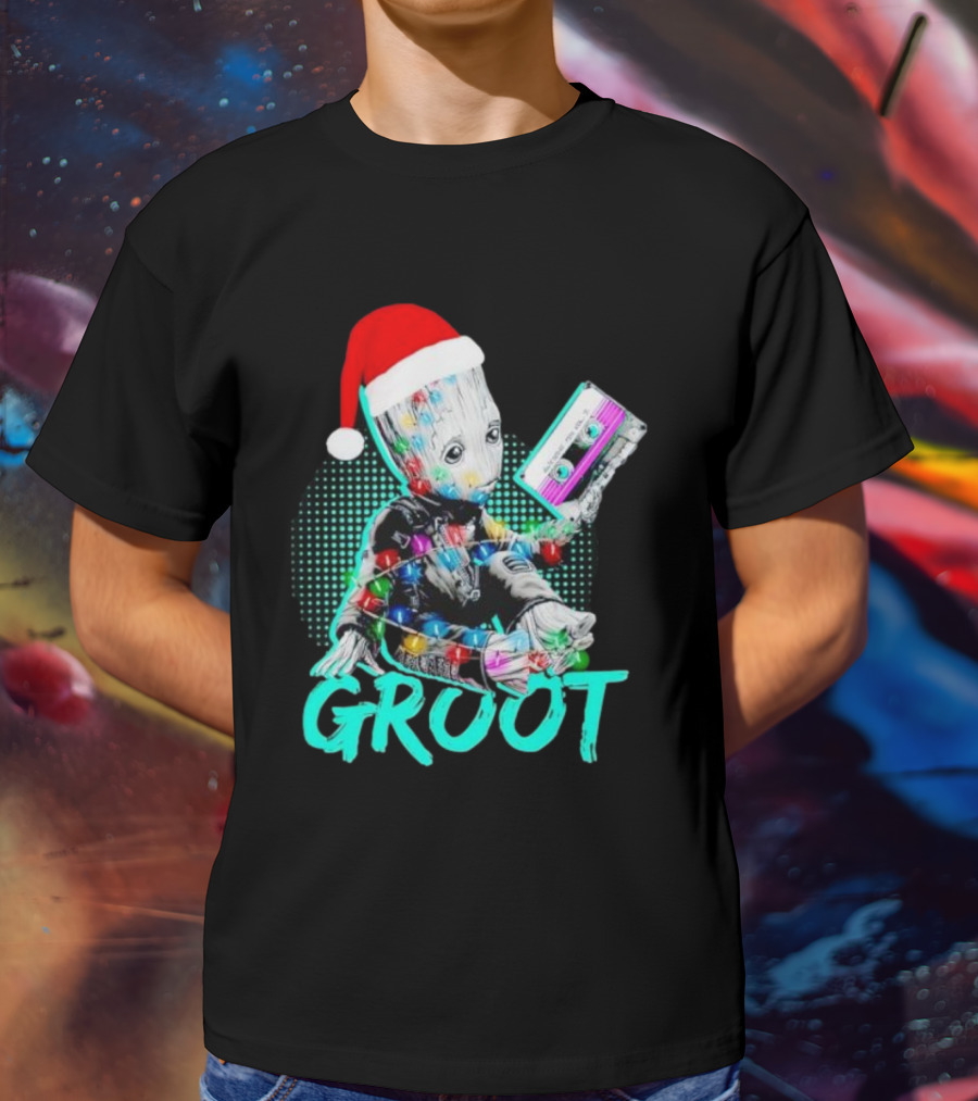 Santa Baby Groot With Cassette Tape And Holiday Lights T-Shirt