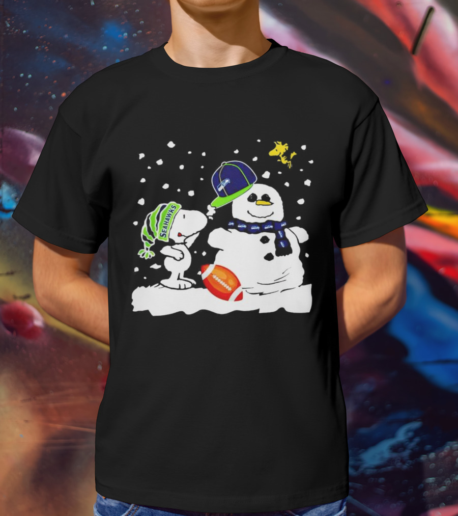 Seattle Seahawks Snoopy Snowman Hat Winter Football Scene T-Shirt