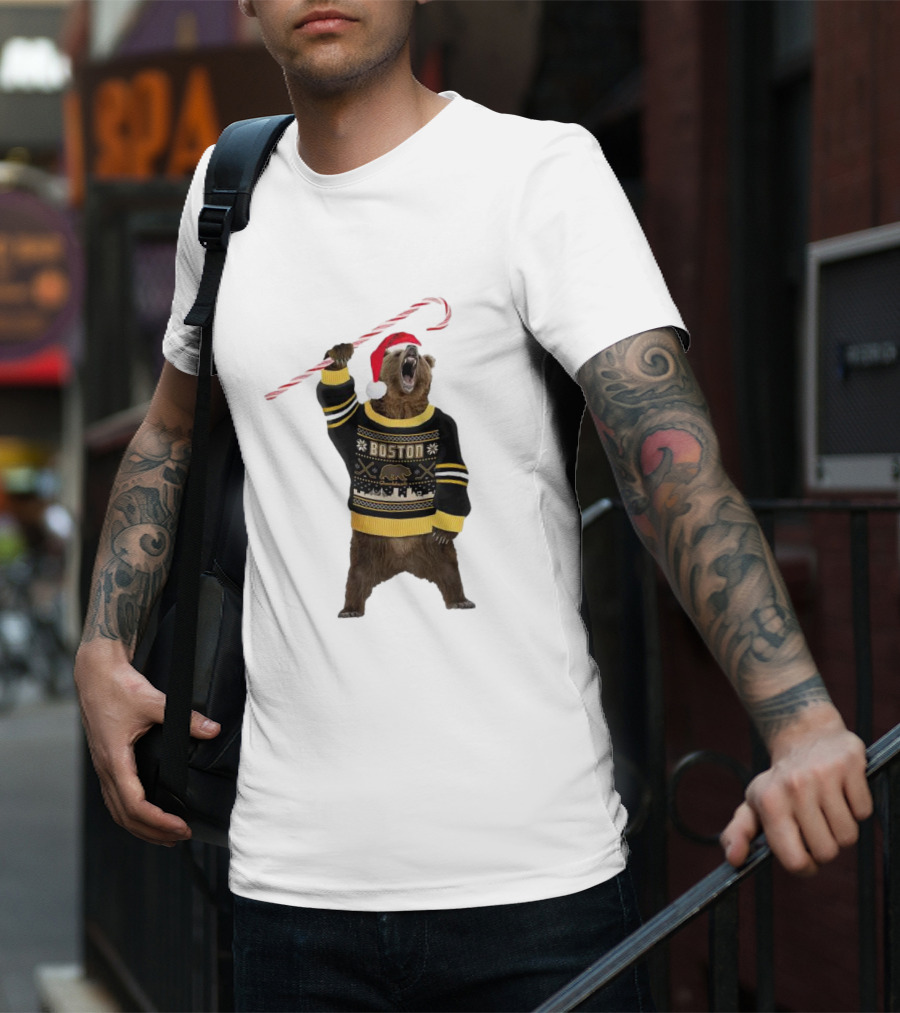 Boston Bear Christmas Holiday Sweater Santa Hat Candy Cane T-Shirt
