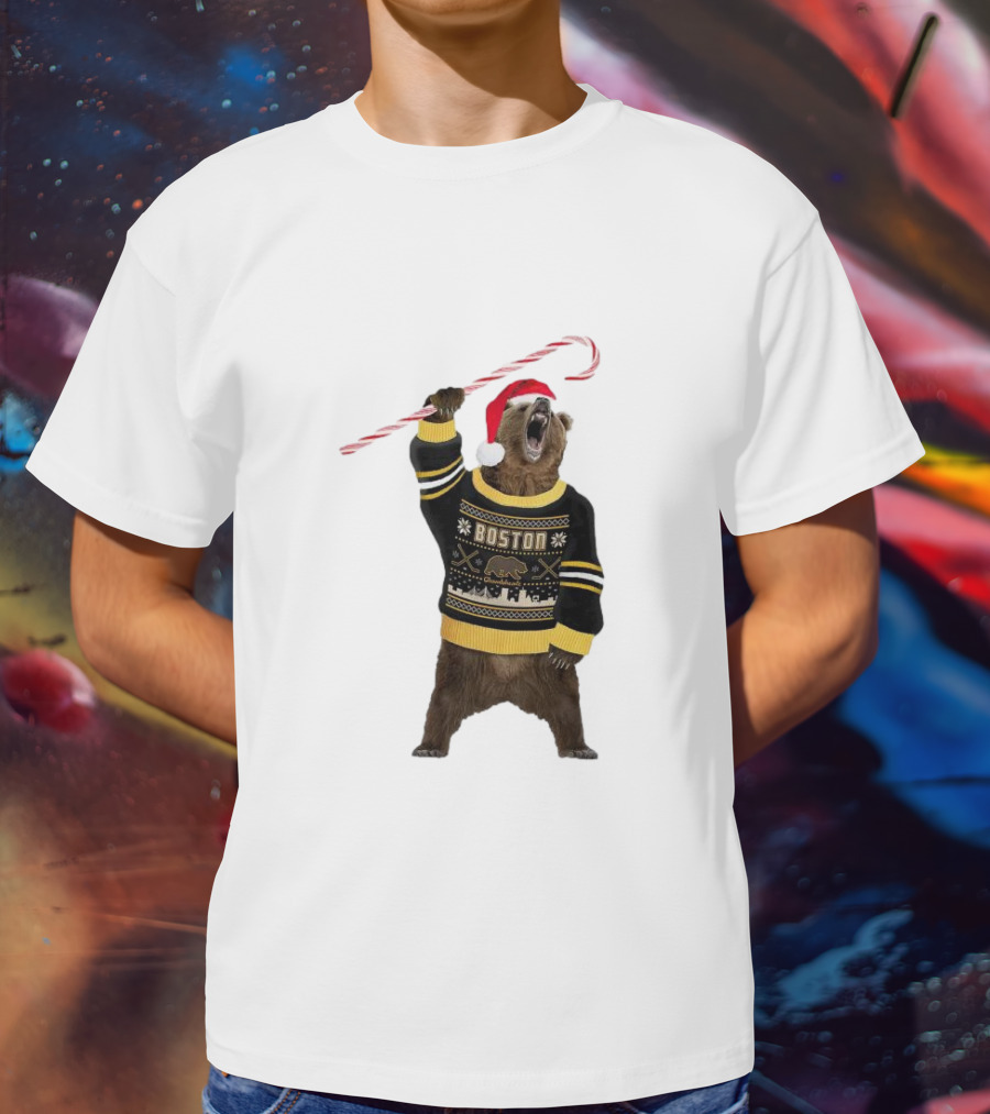 Boston Bear Christmas Holiday Sweater Santa Hat Candy Cane T-Shirt