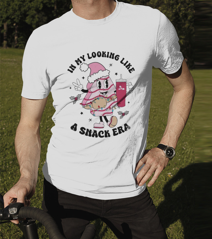In My Looking Like A Snack Era Christmas Tree Cake Festive Icon With Holiday Drum And Drink Cup T-Shirt