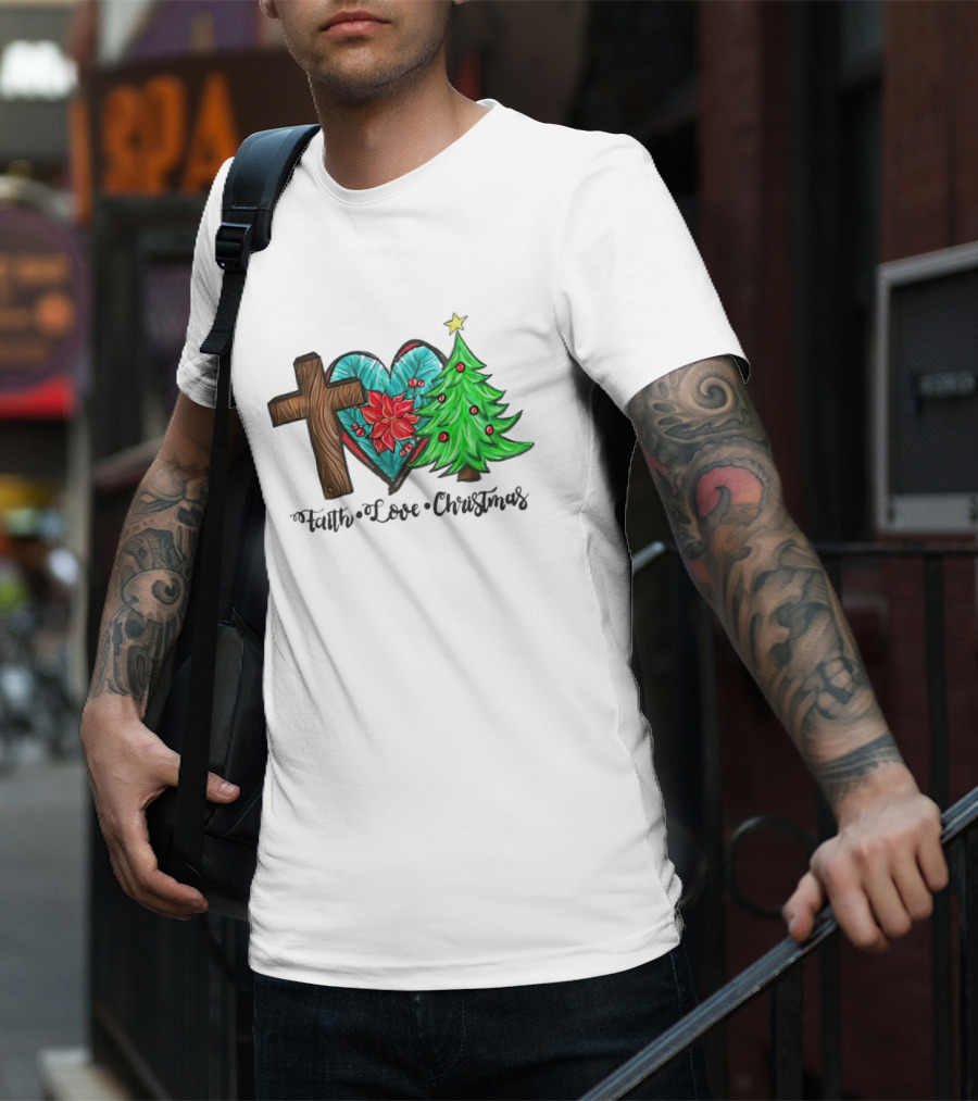 Faith Love Christmas Cross Poinsettia Tree T-Shirt