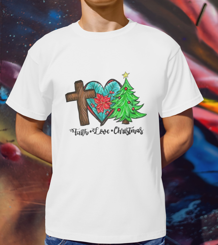Faith Love Christmas Cross Poinsettia Tree T-Shirt