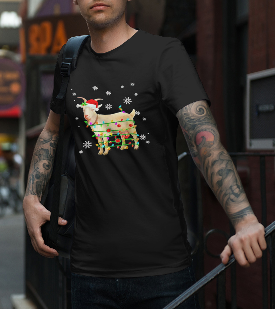 Goat Wrapped In Christmas Lights With Santa Hat And Snowflakes T-Shirt