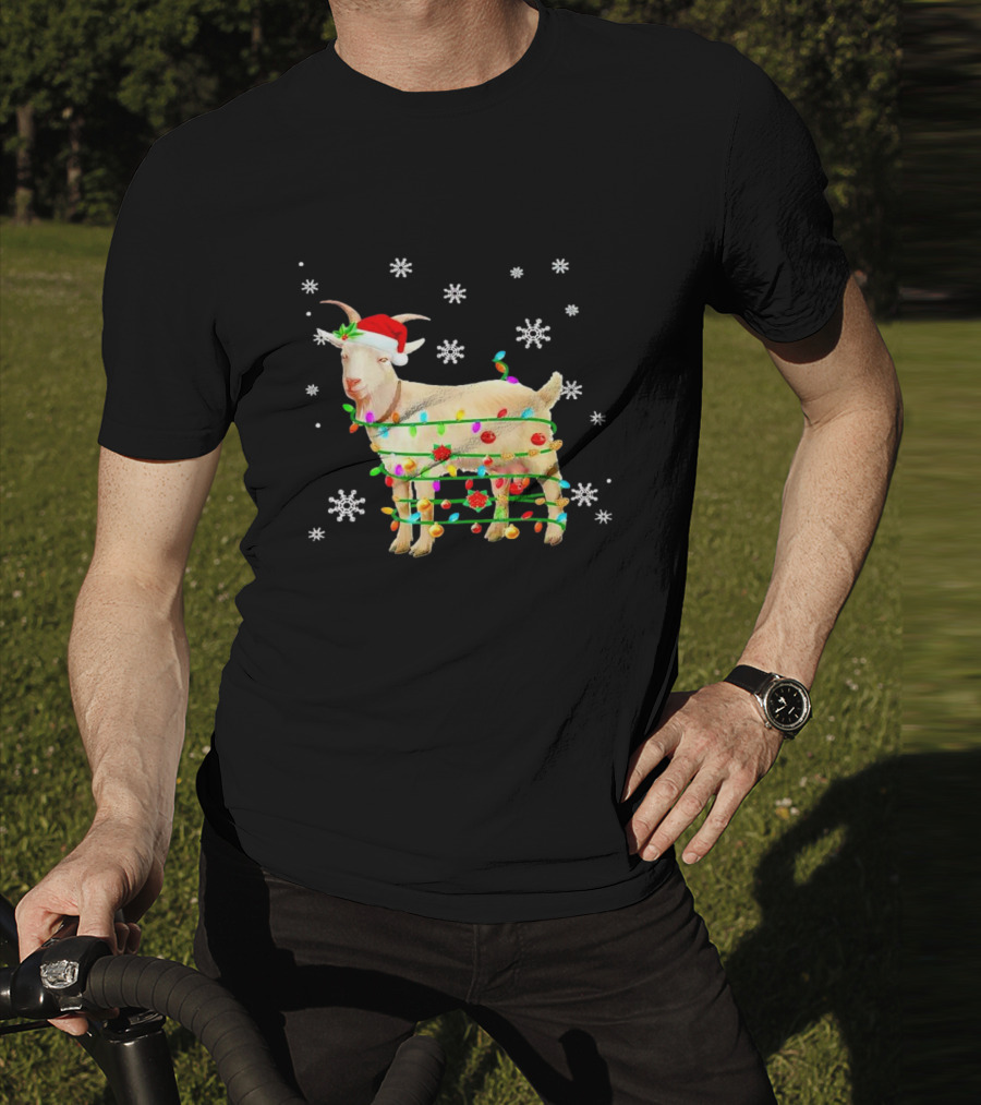 Goat Wrapped In Christmas Lights With Santa Hat And Snowflakes T-Shirt