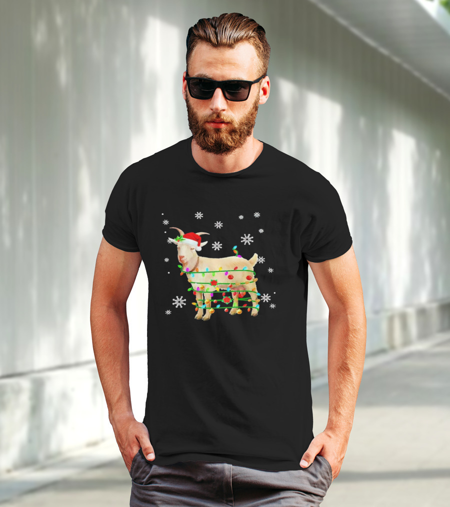 Goat Wrapped In Christmas Lights With Santa Hat And Snowflakes T-Shirt