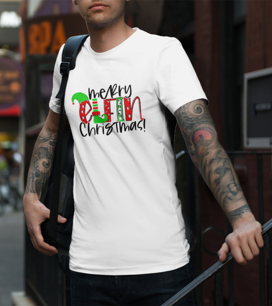 Merry Elfin Christmas Green Elf Shoe And Hat Red Stripes And Polka Dots T-Shirt