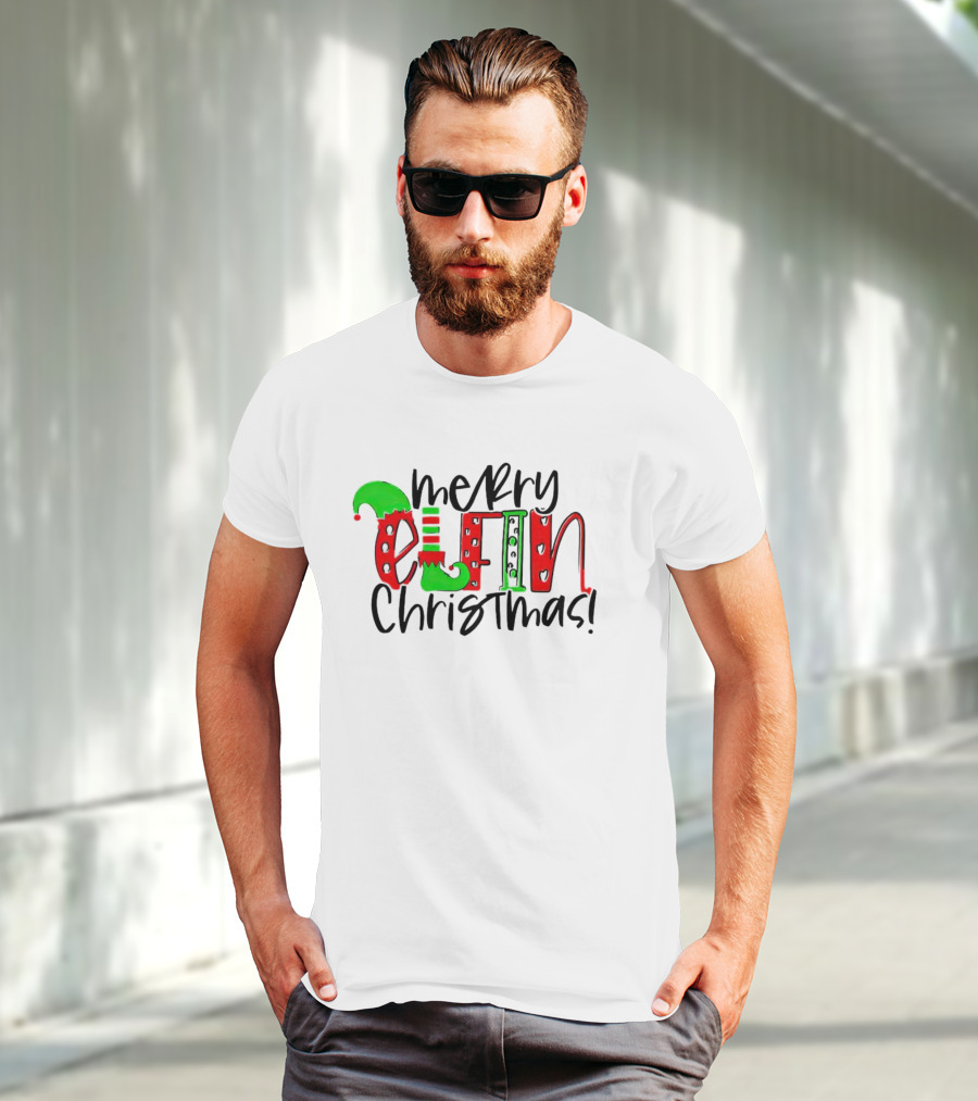 Merry Elfin Christmas Green Elf Shoe And Hat Red Stripes And Polka Dots T-Shirt