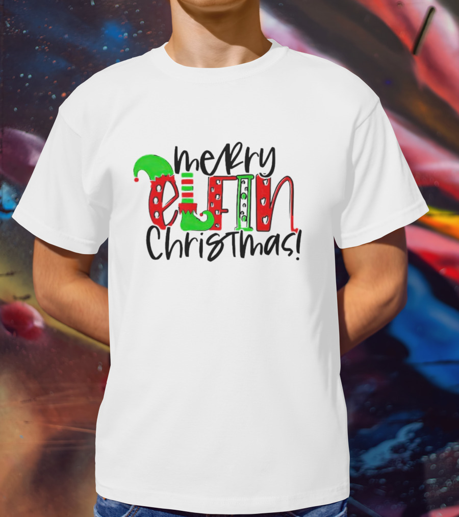Merry Elfin Christmas Green Elf Shoe And Hat Red Stripes And Polka Dots T-Shirt