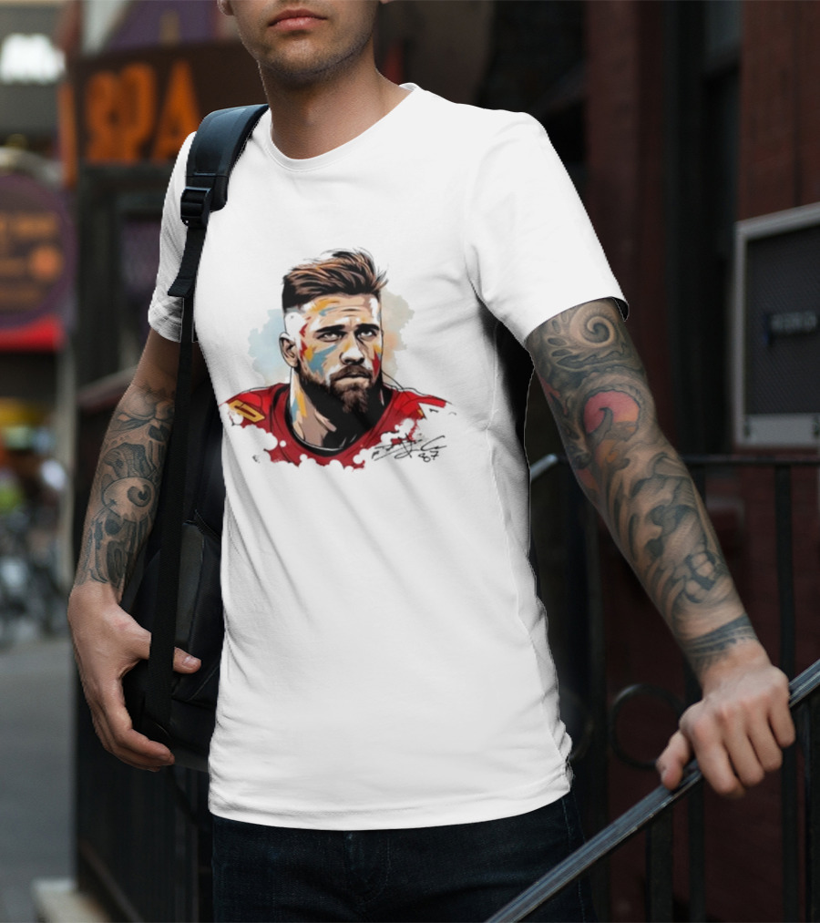 Travis Kelce Signed Portrait Artwork In Red Jersey T-Shirt