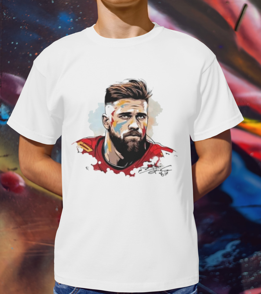 Travis Kelce Signed Portrait Artwork In Red Jersey T-Shirt