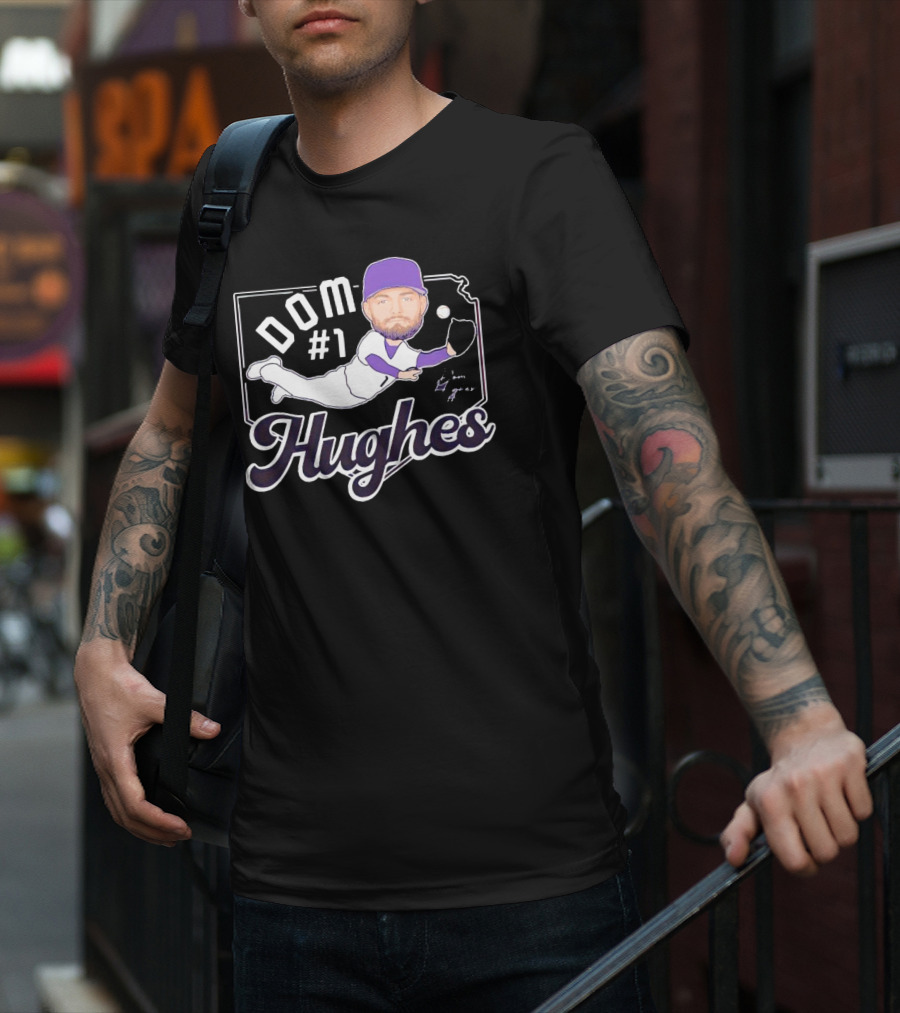 Dom #1 Hughes Caricature Baseball Player Signature T-Shirt