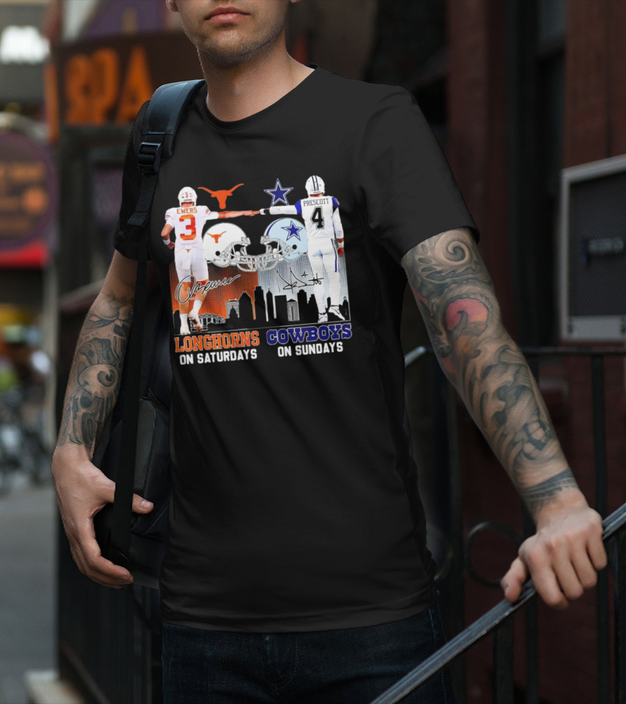 Ewers Longhorns On Saturdays Prescott Cowboys On Sundays Football Helms And Skyline T-Shirt