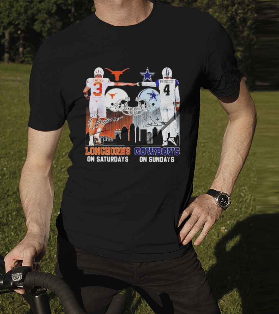 Ewers Longhorns On Saturdays Prescott Cowboys On Sundays Football Helms And Skyline T-Shirt