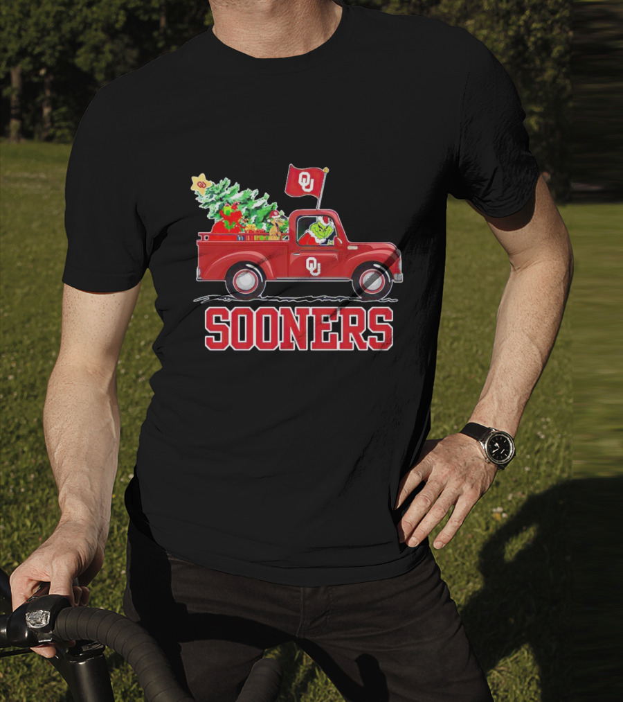Grinch Driving Red Truck With Christmas Tree Oklahoma Sooners T-Shirt