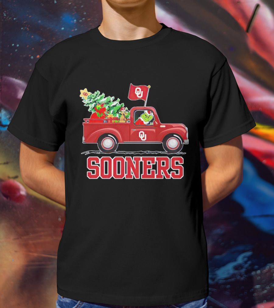 Grinch Driving Red Truck With Christmas Tree Oklahoma Sooners T-Shirt