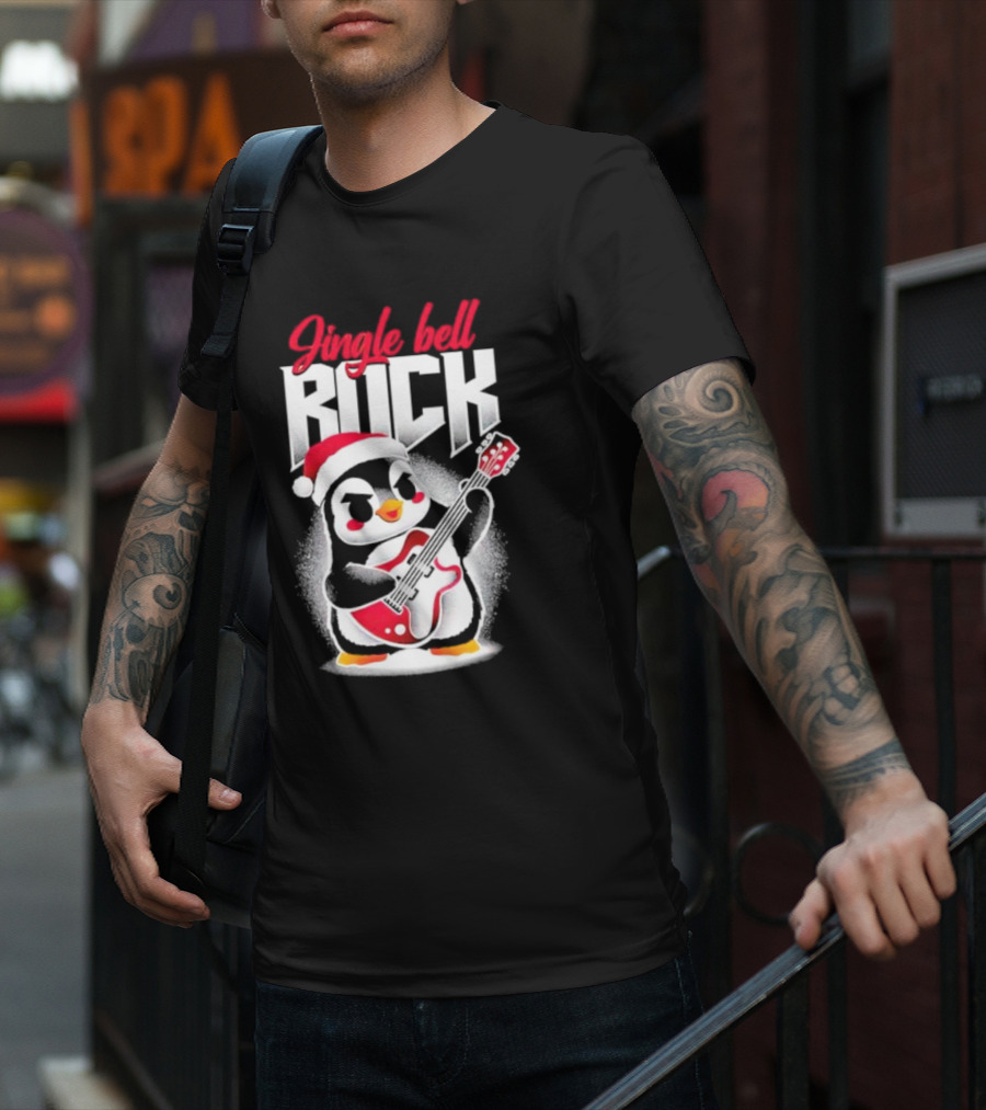 Jingle Bell Rock Penguin Playing Christmas Guitar In Santa Hat T-Shirt