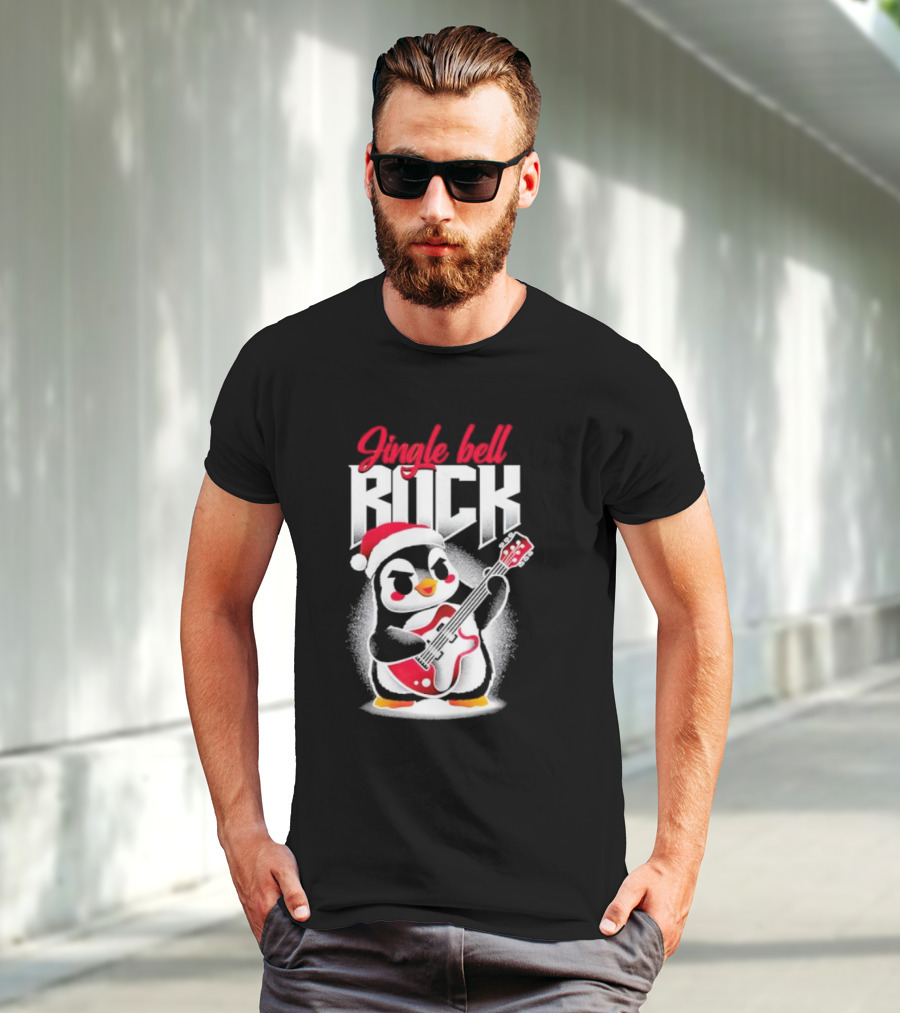 Jingle Bell Rock Penguin Playing Christmas Guitar In Santa Hat T-Shirt
