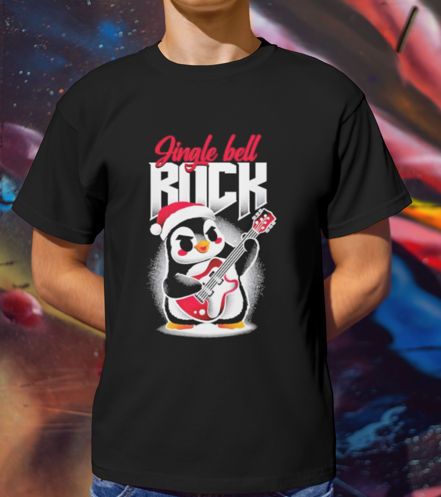 Jingle Bell Rock Penguin Playing Christmas Guitar In Santa Hat T-Shirt