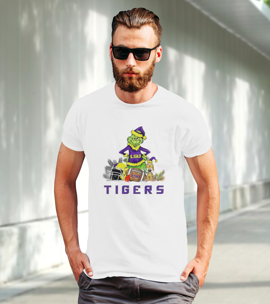 LSU Tigers Grinch And Max Dog Christmas Football T-Shirt