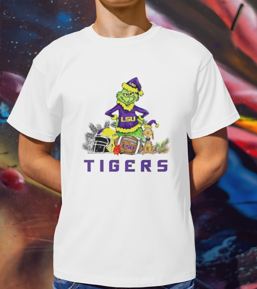 LSU Tigers Grinch And Max Dog Christmas Football T-Shirt