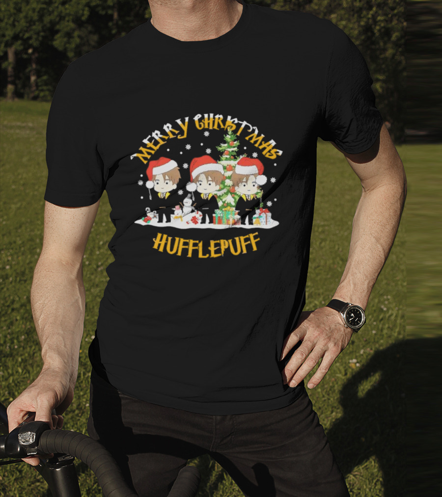 Merry Christmas Hufflepuff Characters With Santa Hats And Christmas Tree T-Shirt