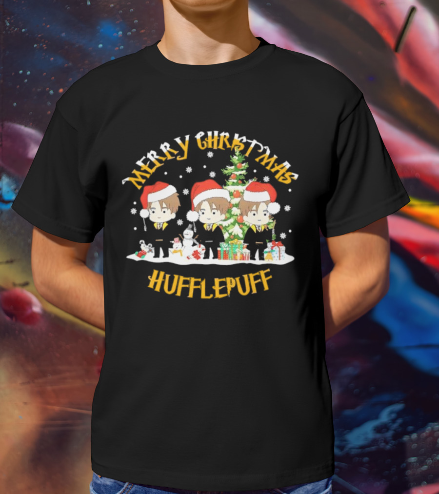 Merry Christmas Hufflepuff Characters With Santa Hats And Christmas Tree T-Shirt