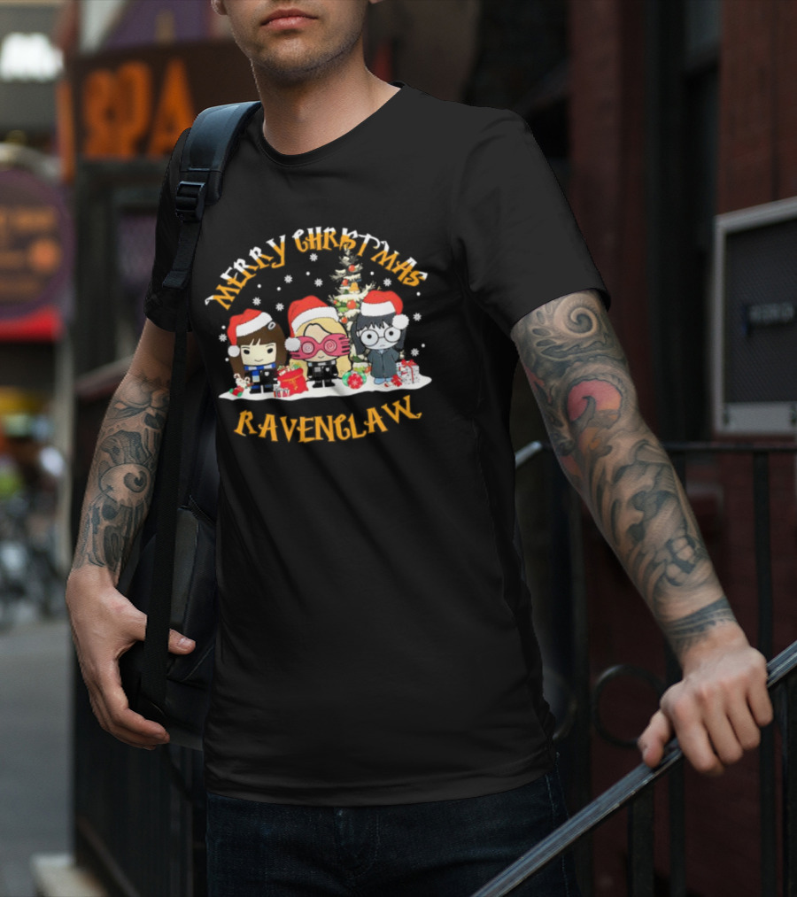 Merry Christmas Ravenclaw Characters With Santa Hats And Christmas Tree T-Shirt