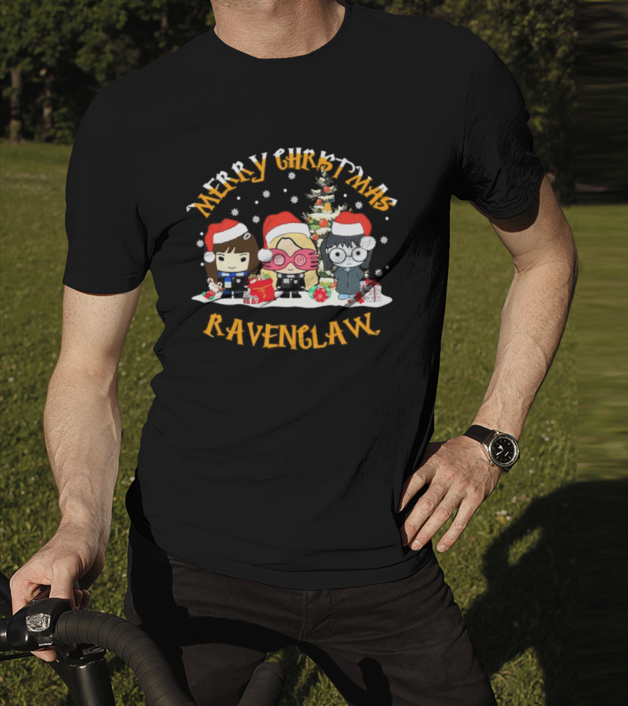 Merry Christmas Ravenclaw Characters With Santa Hats And Christmas Tree T-Shirt