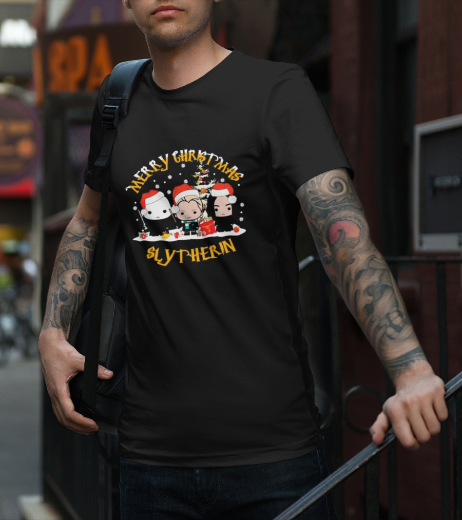 Merry Christmas Slytherin Characters With Holiday Tree And Santa Hats T-Shirt