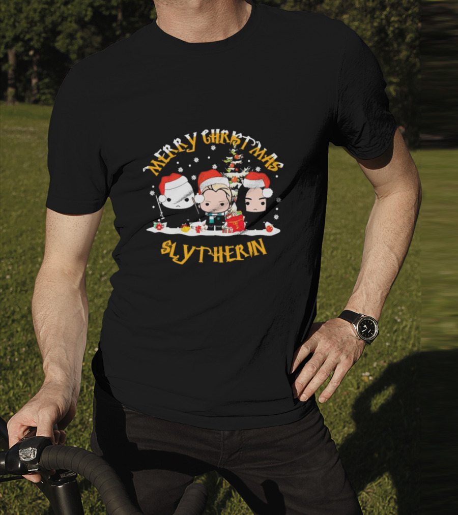 Merry Christmas Slytherin Characters With Holiday Tree And Santa Hats T-Shirt