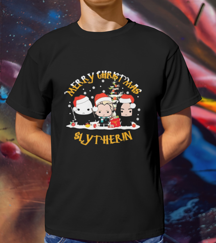 Merry Christmas Slytherin Characters With Holiday Tree And Santa Hats T-Shirt
