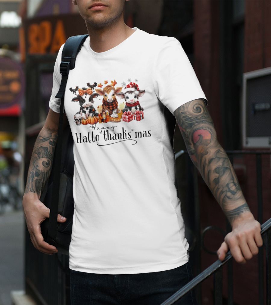 Happy HalloThanksMas Baby Cows With Pumpkins And Gifts T-Shirt