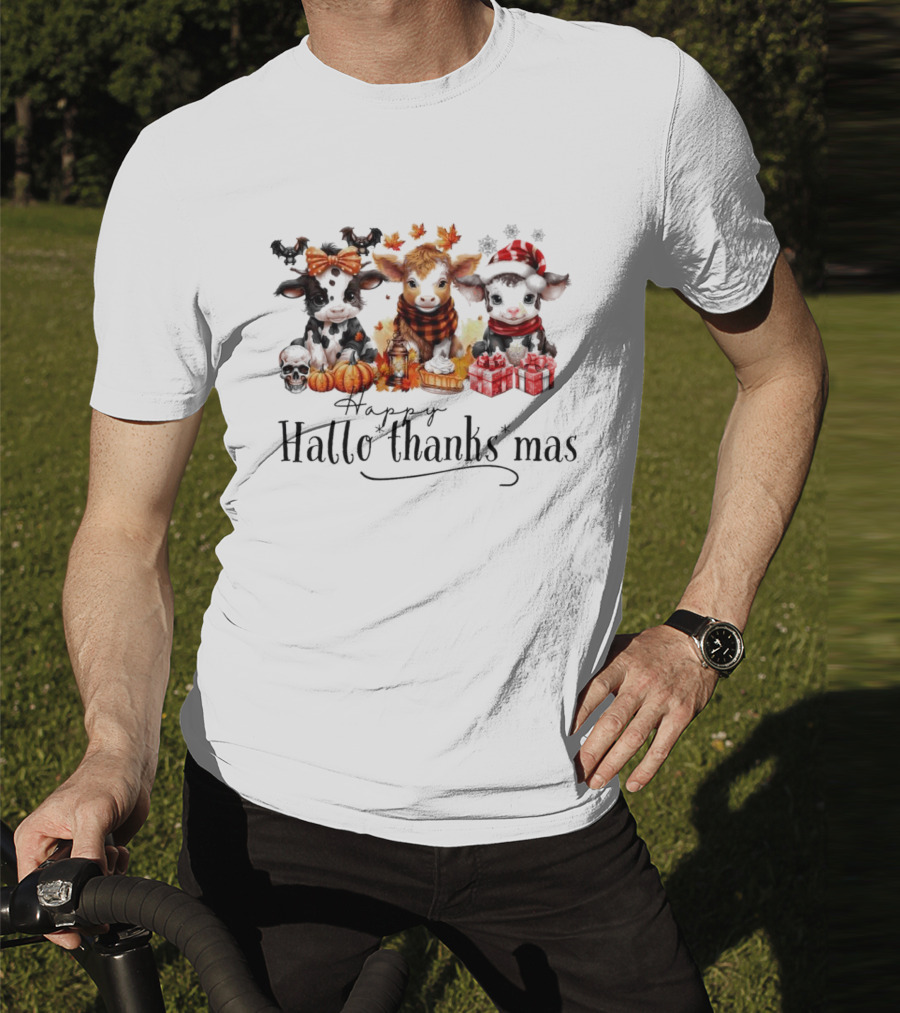 Happy HalloThanksMas Baby Cows With Pumpkins And Gifts T-Shirt